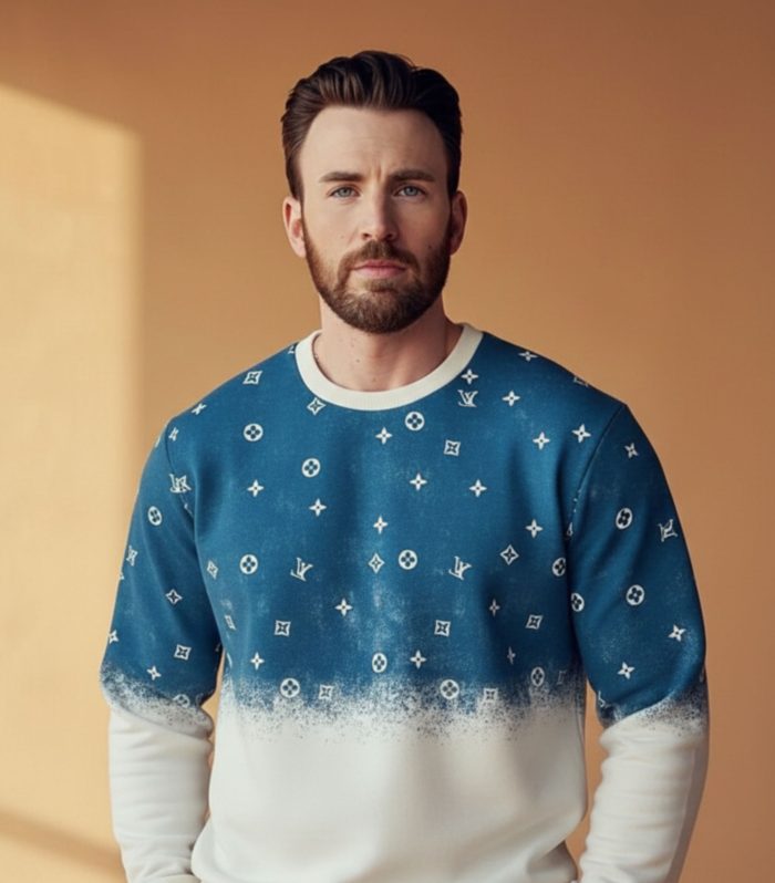 Men’s Premium Gradient Blue & White Designer Sweatshirt – Luxury Monogram Print