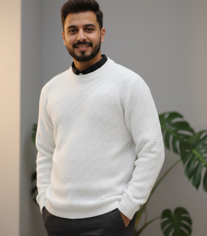 Premium White Textured Crew Neck Sweater